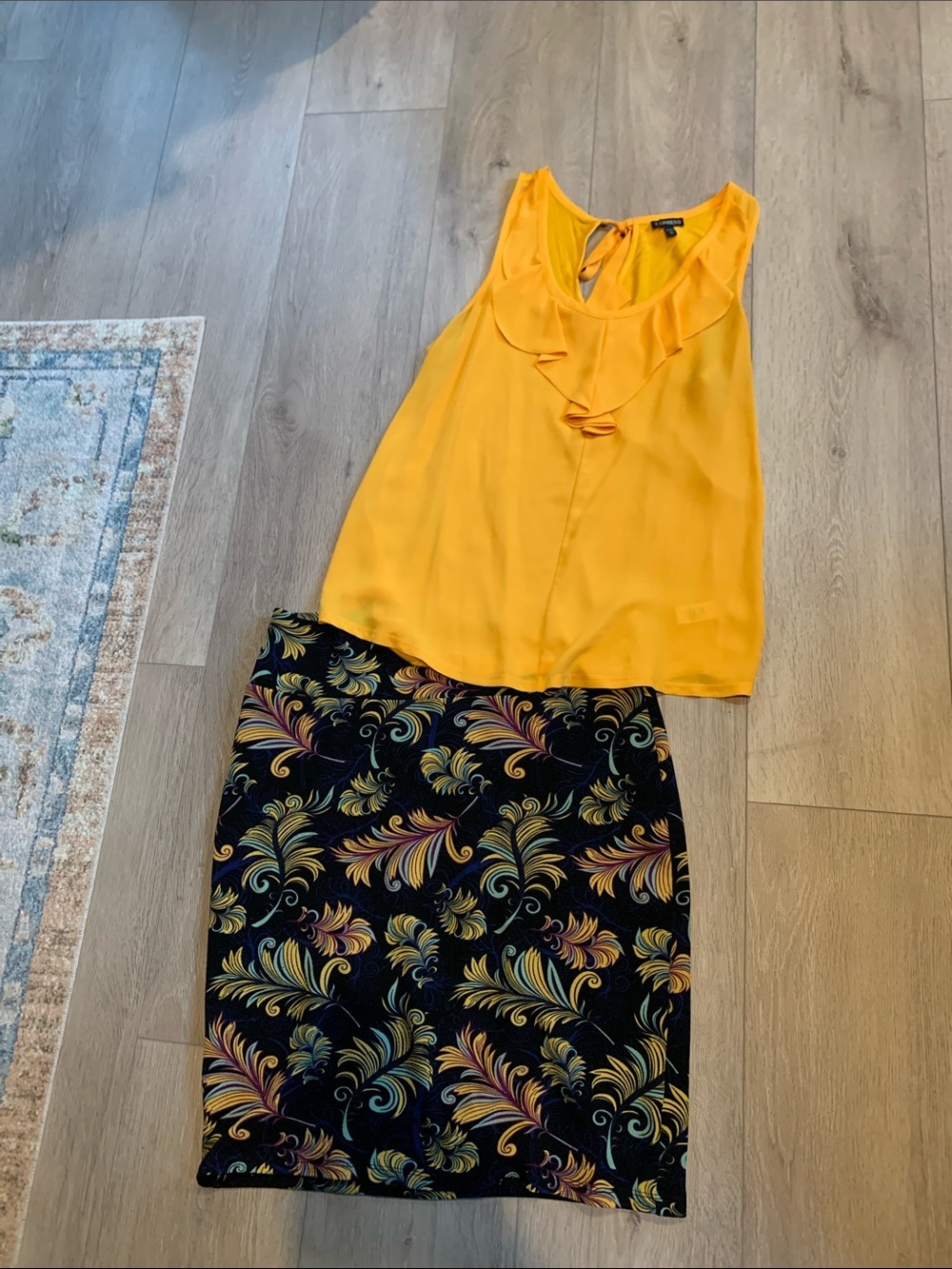 EXPRESS Yellow Sleeveless Blouse & Lula Roe Black Floral Pencil Skirt Set